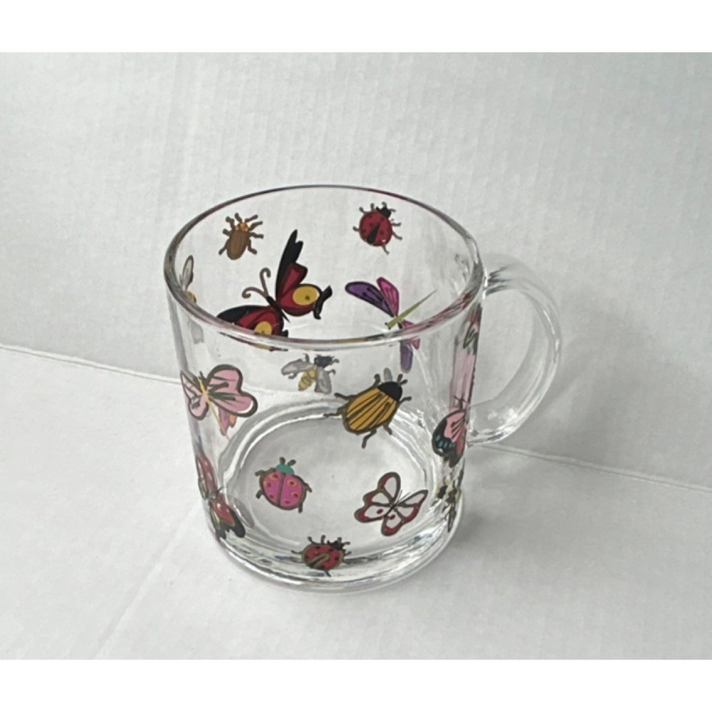 Boston Warehouse Glass Mug Clear Multicolor Ladybug Butterfly Spring Novelty